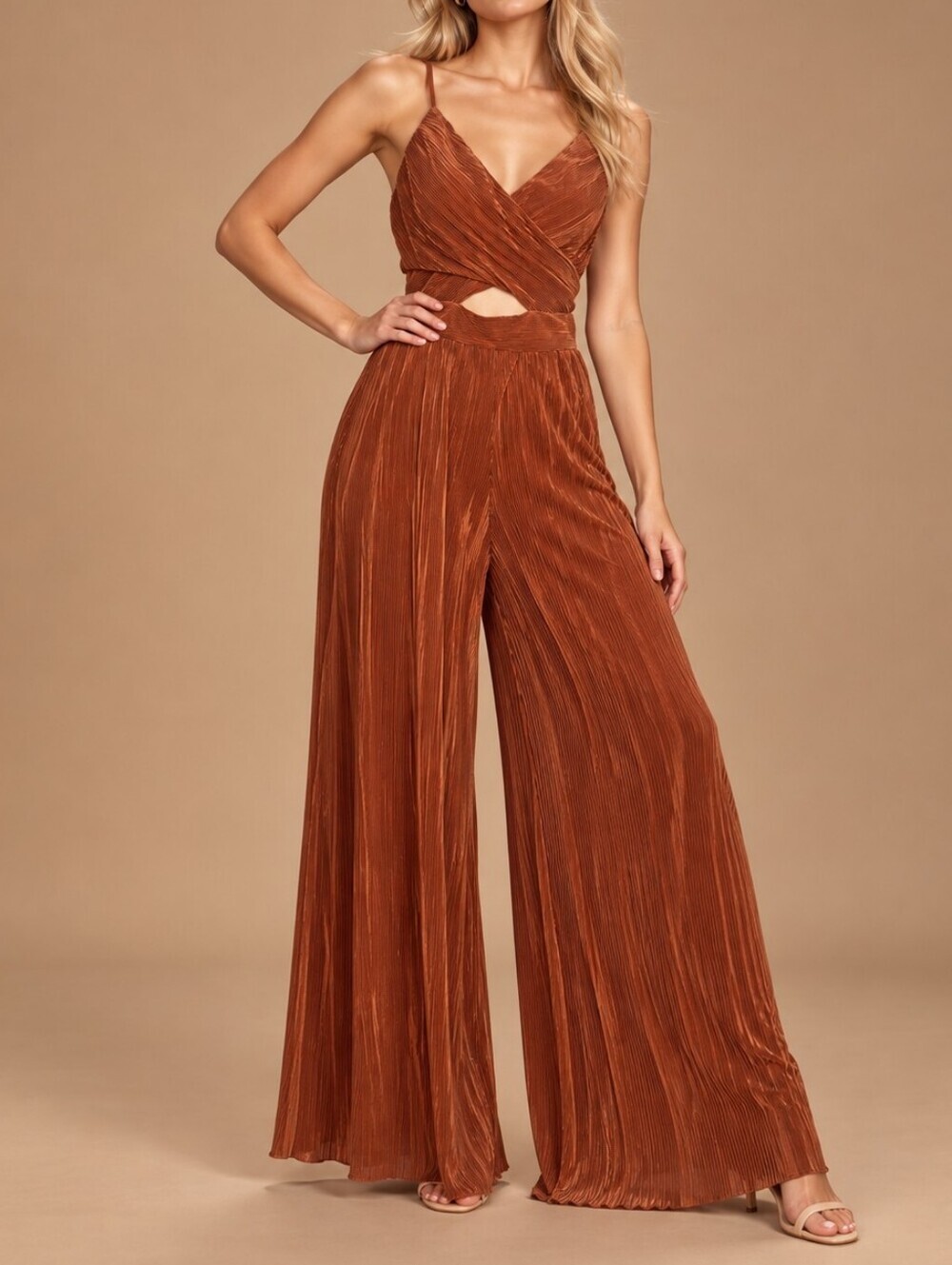 ACOA Rust Pleated Cutout Wide Leg Jumpsuit Size L
